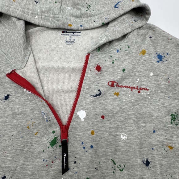 Champion XL Authentic Athleticwear Quarter Zip Paint Splatter Grey Hoodie EUC - Picture 2 of 9
